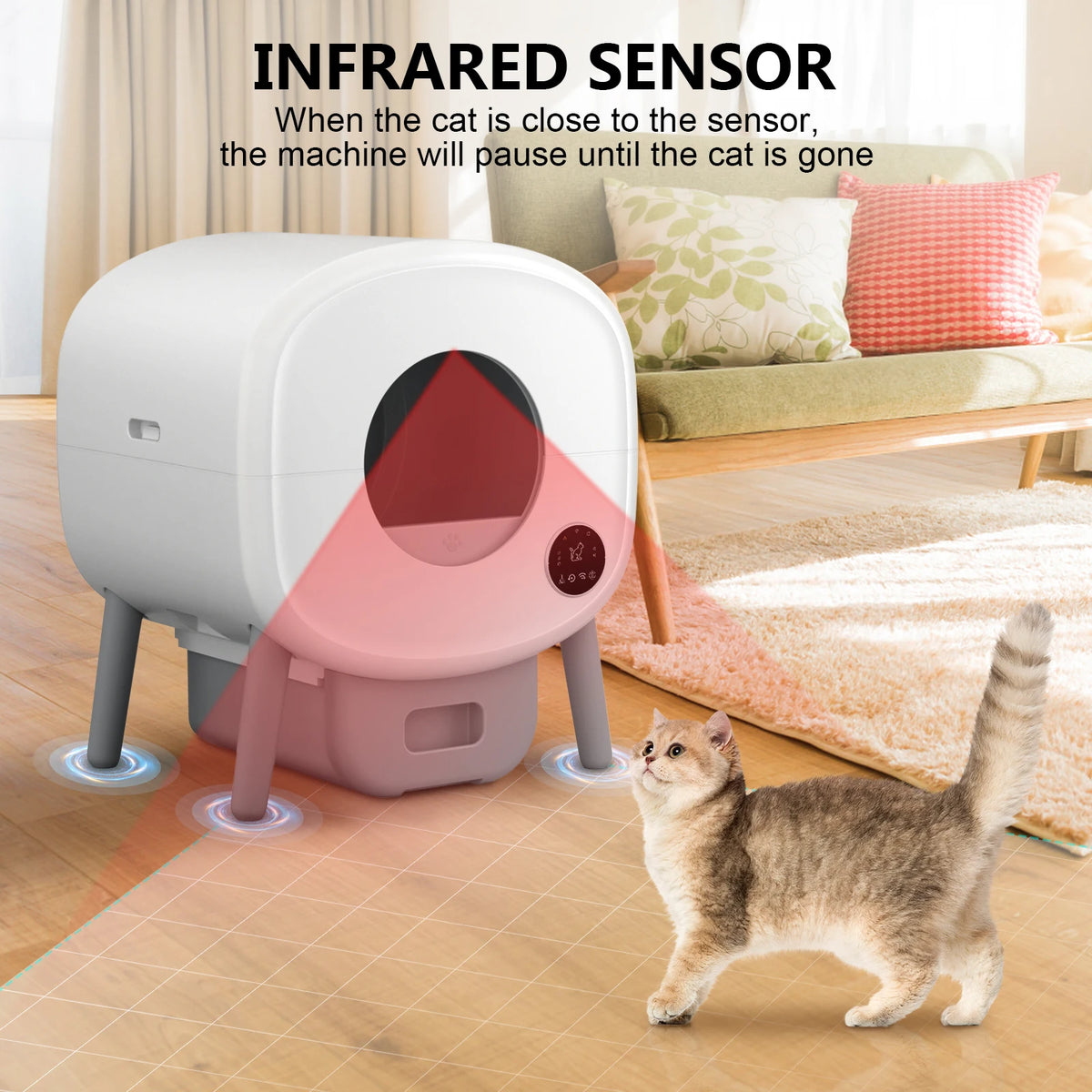 A white infrared sensor device is positioned on the floor near a tabby cat, demonstrating its function for pausing machinery 