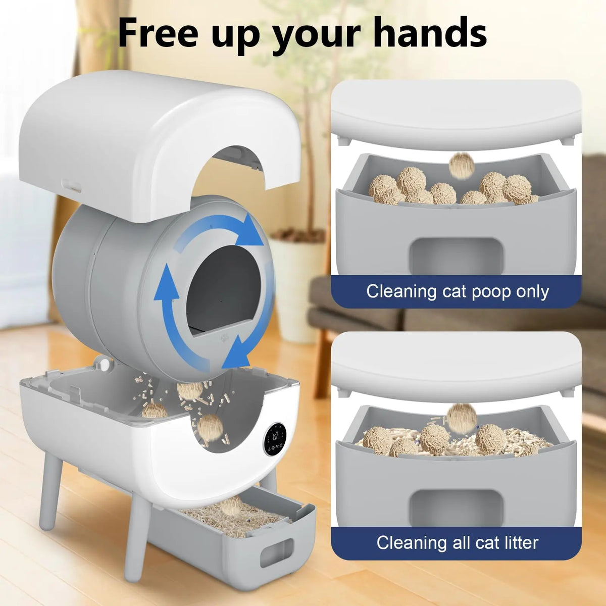 A white smart self-cleaning cat litter box is shown with its lid open, demonstrating the cleaning mechanism for cat litter.