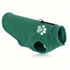 A dark green fleece dog sweater with a black zipper and a white paw print design.
