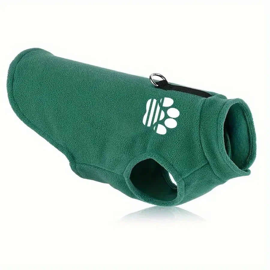 A dark green fleece dog sweater with a black zipper and a white paw print design.