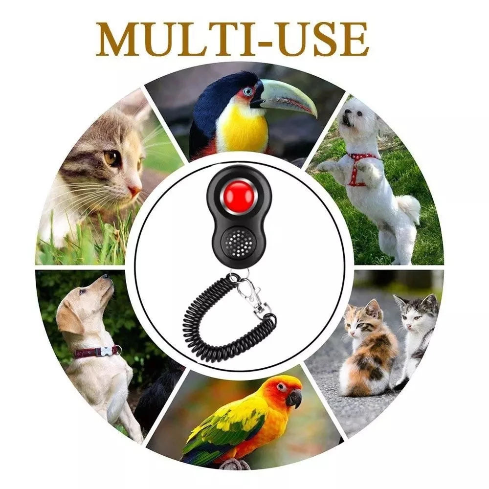 A collage showing a pet training clicker used on various animals including cats, dogs, and birds.