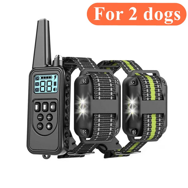 Black waterproof remote dog training collar with a transmitter and adjustable strap for two dogs