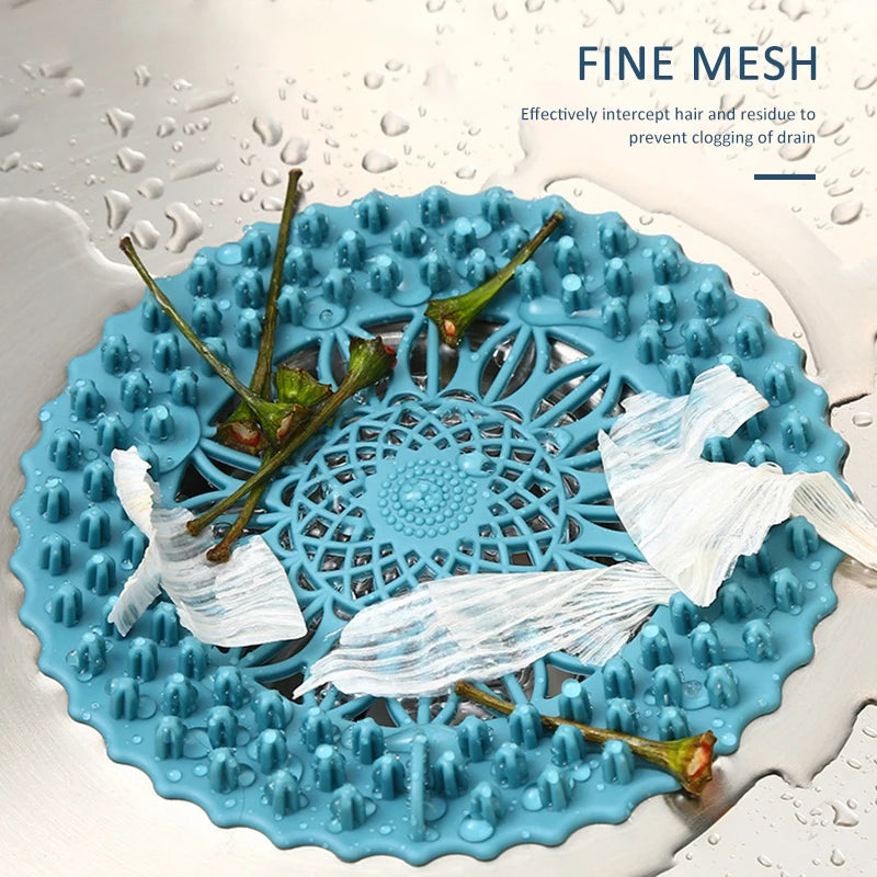 A blue silicone drain cover with a fine mesh insert is shown, demonstrating its ability to intercept hair and debris.