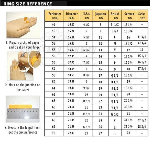 Reference chart for ring size measurements and corresponding dimensions.