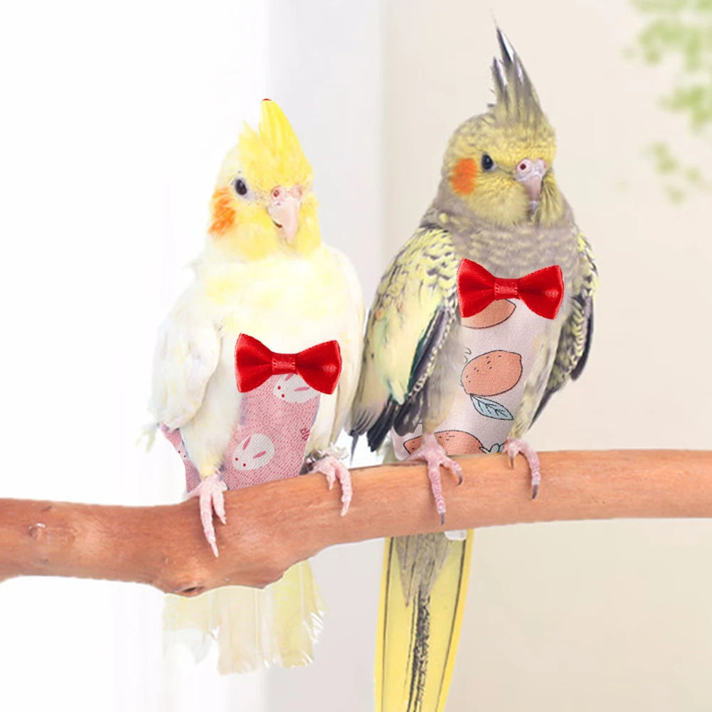 A yellow and green parrot wearing a red bowtie perched on a human arm.