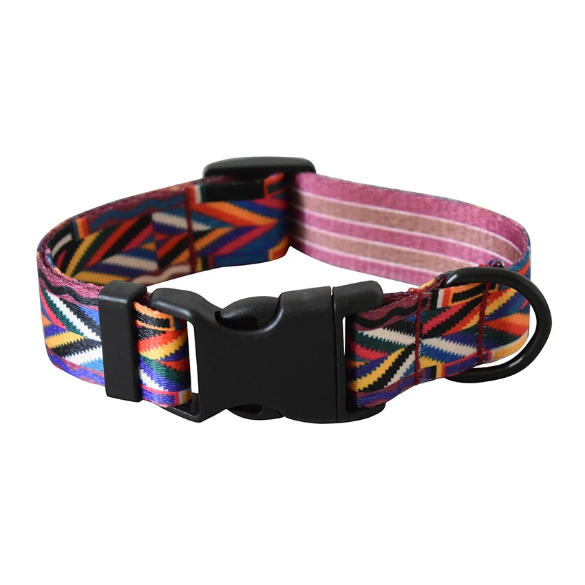 A personalized printed dog collar and leash set featuring multicolored fabric and a black buckle.