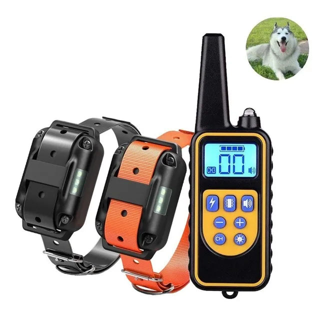 A black remote control dog training collar with an orange strap and a digital display is shown.