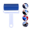 A reusable blue lint and pet hair roller with a plastic handle and cleaning bristles.