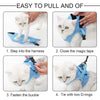 Step-by-step instructions showing how to put on and fasten an escape-proof cat harness.