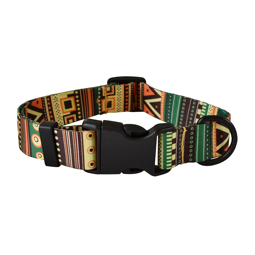A personalized printed dog collar and leash set featuring multicolored geometric patterns on a black strap.