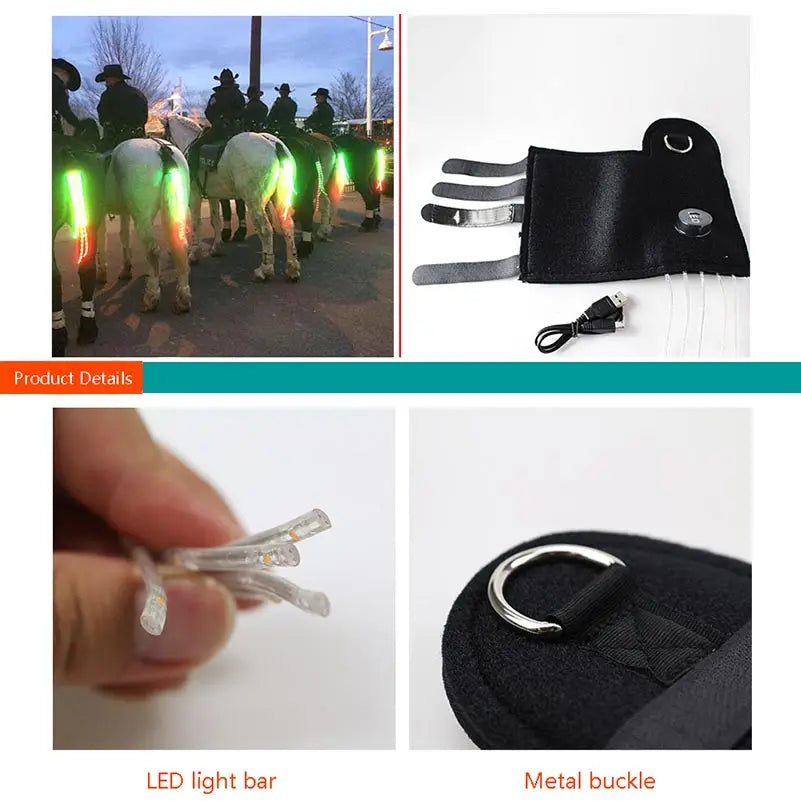 A close-up of a rechargeable LED horse tail light and a metal buckle.