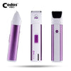 A purple and white electric pet grooming clipper shown in various angles.