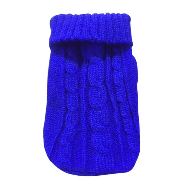 A royal blue knitted pet sweater with a ribbed cuff and textured body.