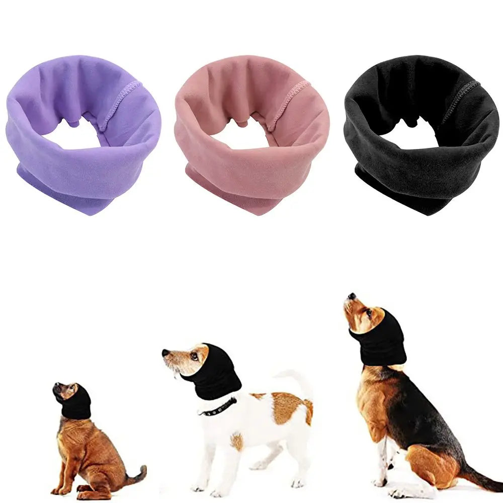 Three colored soundproof dog ear muffs in purple, pink, and black shown next to dogs.
