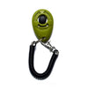 A bright lime green pet training clicker with a black eye and a metal wrist strap.