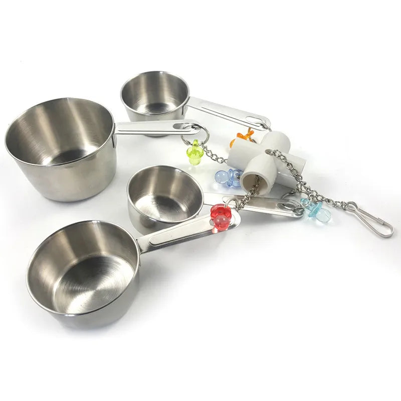 Stainless steel parrot chew toy featuring multiple accent cups and metal spoons.