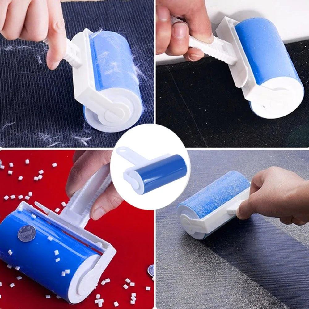 Close-up shots show a reusable lint and pet hair roller in blue and white being used to remove fuzz from fabric.