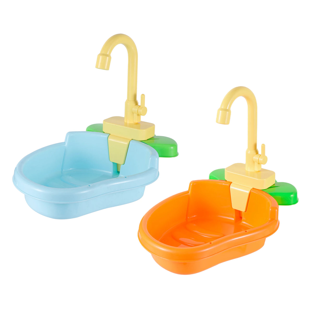 A set of two automatic parrot shower and bird bath basins with yellow spouts and colored plastic bases.