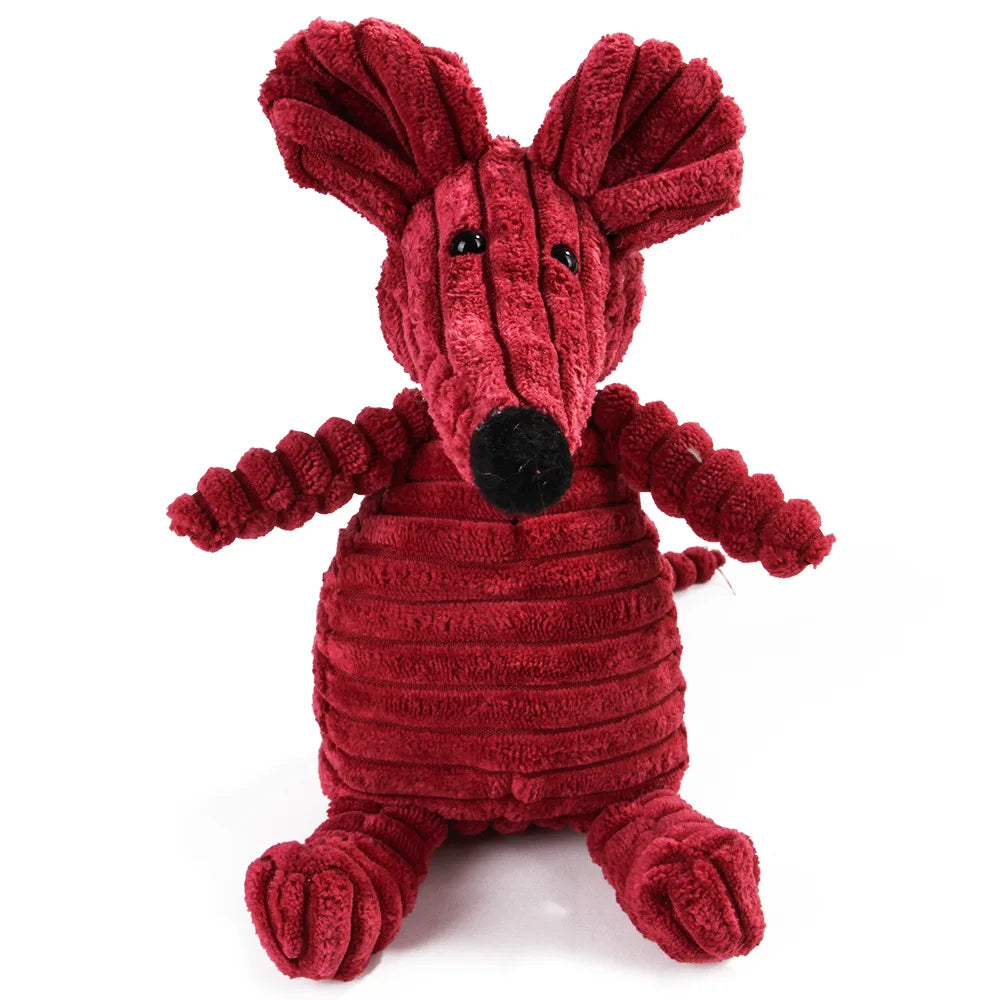 Jouet en peluche ressemblant à un hérisson ou rongeur rouge et noir, conçu comme jouet à mâcher.
