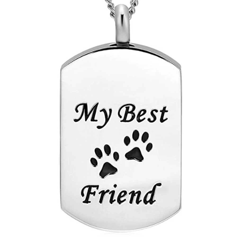 Silver stainless steel pet memorial necklace engraved with My Best Friend paw prints
