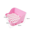 Pink anti-overturn drawer litter box with a grid tray and measurements.