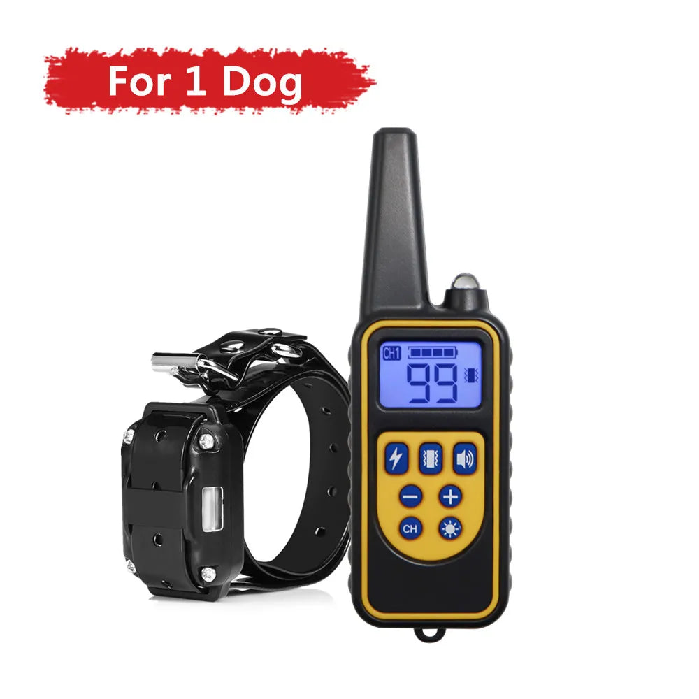 A black remote dog training collar with a digital display and buttons is shown against a white background.