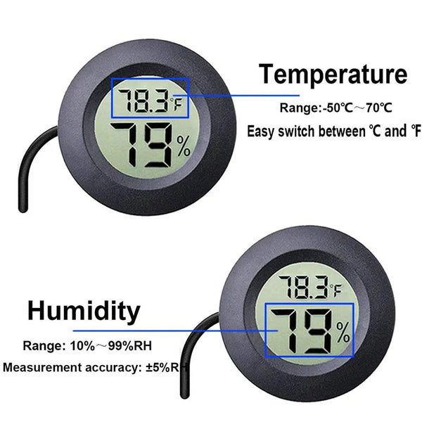 A digital thermometer and hygrometer displaying 78.3°F and 78% humidity with temperature and humidity range information.