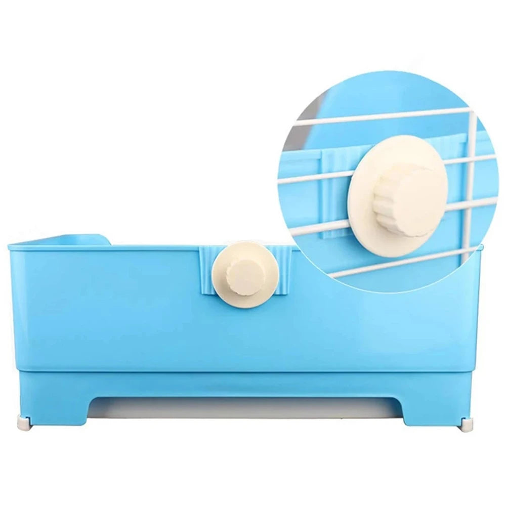 Light blue anti-overturn drawer litter box for small pets with a circular lid detail.