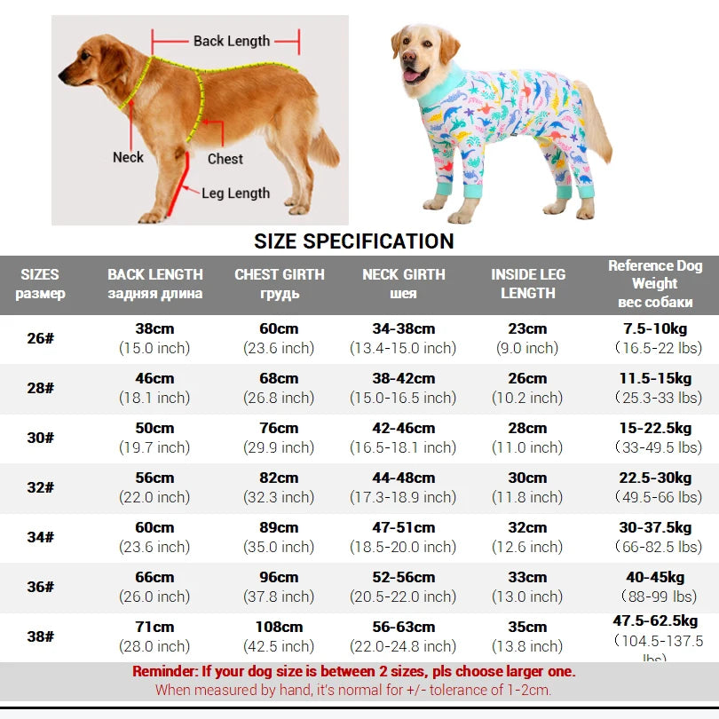 Soft Cotton Dog Pajamas Jumpsuit for Medium & Large Dogs