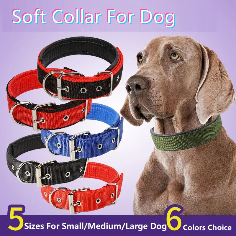 A variety of soft cotton adjustable dog collars in different colors are displayed next to a dog.