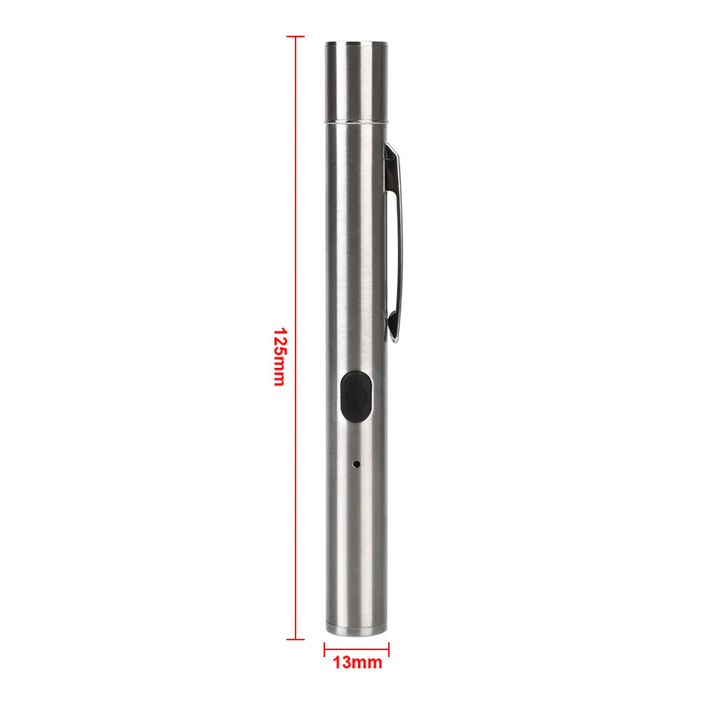 A silver portable UV pet skin inspection lamp shown in a vertical view with dimension markings.
