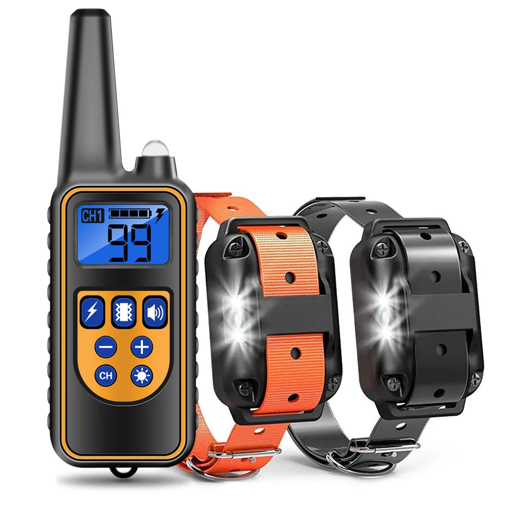A black remote dog training collar with an orange strap and a digital display showing 99.