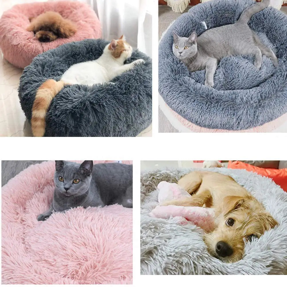 Three plush pet beds for cats and dogs in pink, gray, and white colors.