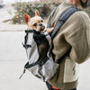 A light gray breathable dog backpack carrier is worn on a person's back, featuring black straps and a mesh pocket.