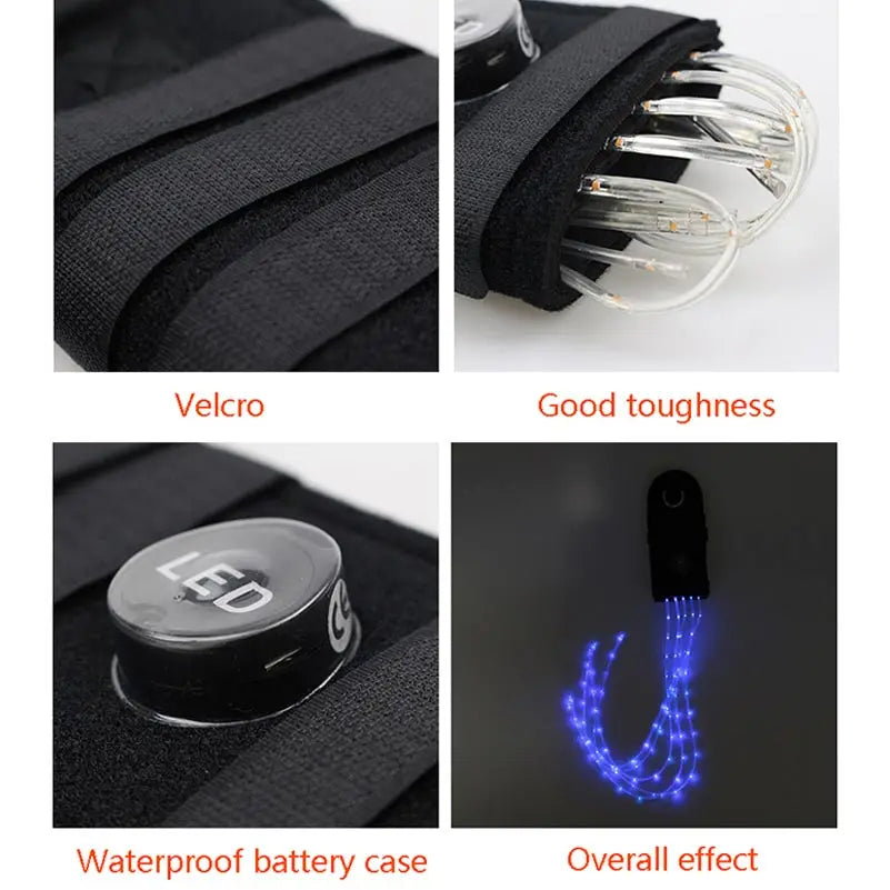 A black silicone strap with a waterproof battery case and LED light showing an overall effect.
