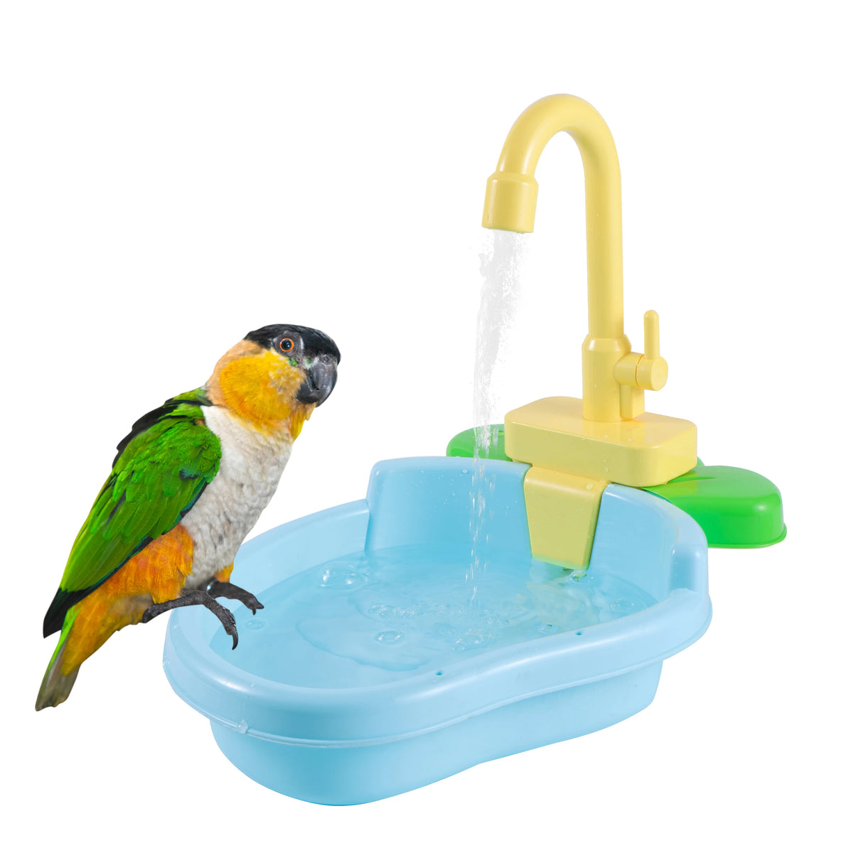 A yellow automatic water faucet is pouring water into a blue bird bath basin, with a parrot standing nearby.