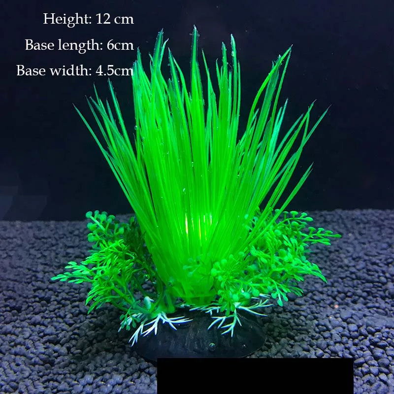 A vibrant green artificial aquarium plant with a tall, spiky structure and surrounding foliage.