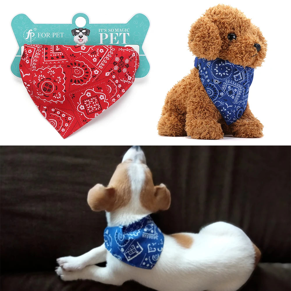 A red patterned bandana for pets is shown next to a brown dog and a blue patterned bandana on a white dog.