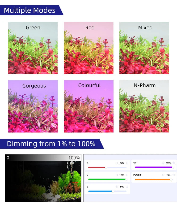 A display showing various color modes and dimming levels for a Week Aqua Mini9 Pro USB Aquarium Light.