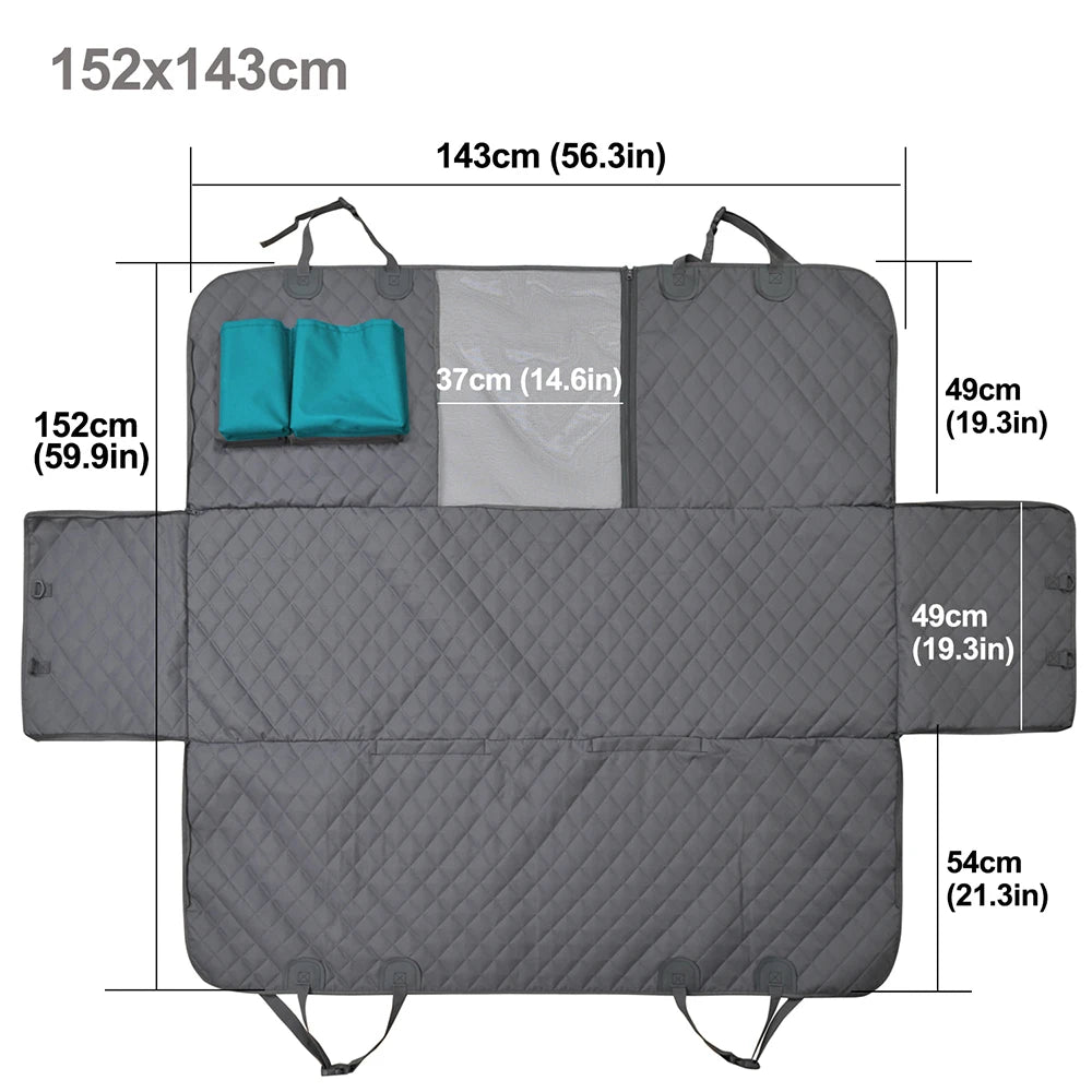 Gray waterproof dog car seat cover with a hammock design featuring multiple padded sections.