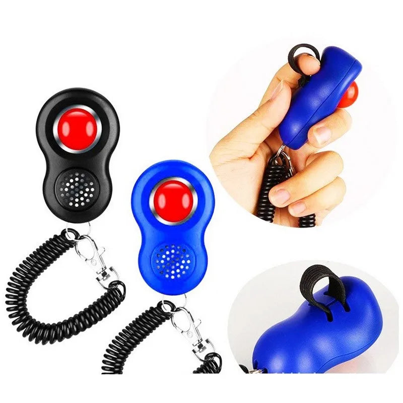 A blue pet training clicker device shown with a finger loop and wrist band.