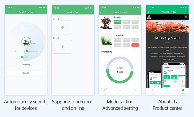 Screenshots showing a mobile app interface for searching devices, managing a device list, setting modes, and accessing a prod