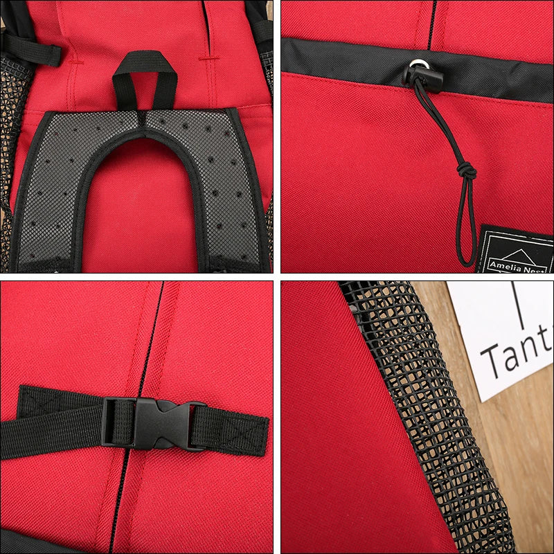 Close-up view of a red breathable dog backpack carrier featuring black straps and mesh fabric.
