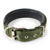 A close-up of a dark olive green soft cotton adjustable dog collar with a silver buckle.