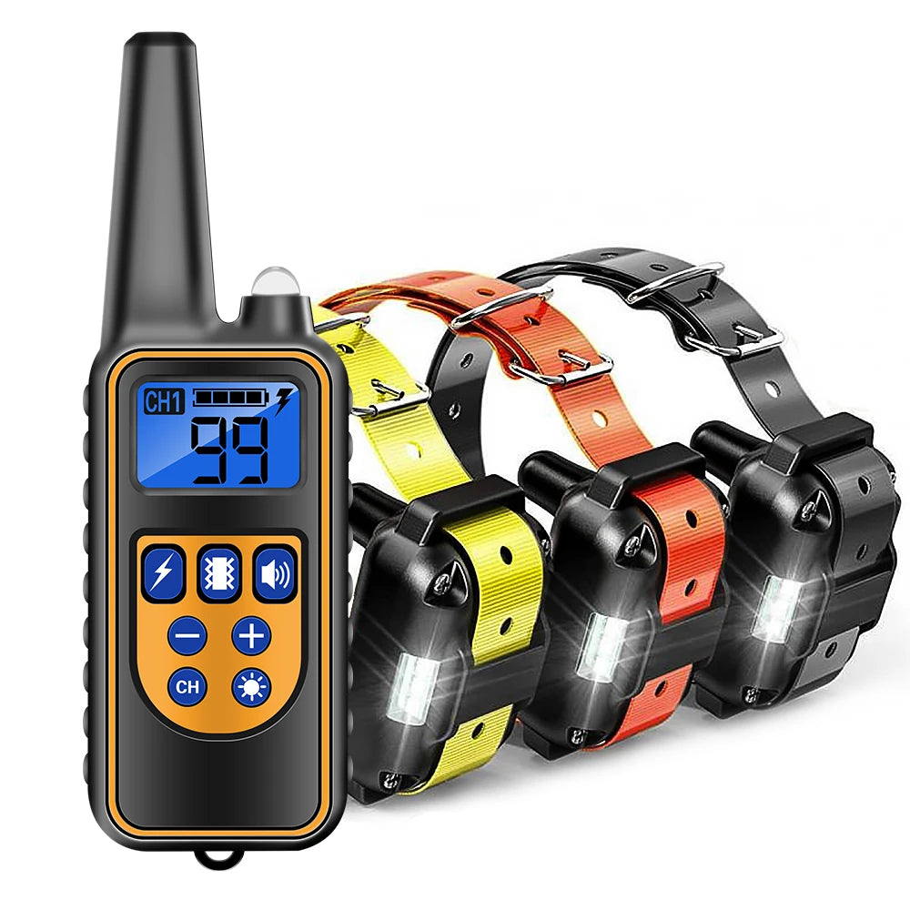 A black remote dog training collar with a digital display showing 99 and various control buttons.