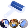 A blue reusable lint and pet hair roller with a white handle shown in various angles.