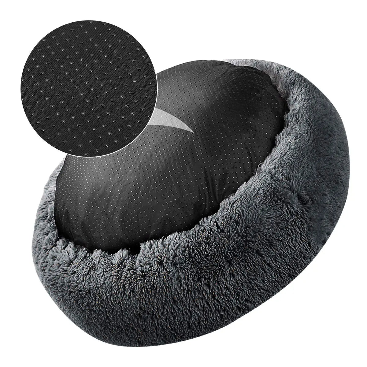 A round, dark gray plush pet bed for dogs and cats with a circular cutout detail.