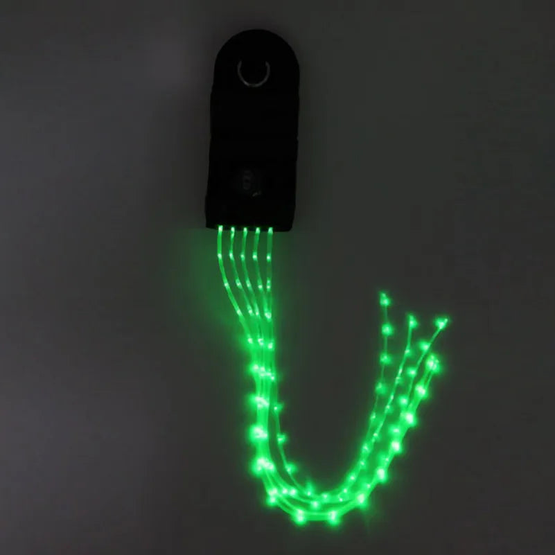 A black rechargeable LED horse tail light with bright green lights shaped like a horseshoe.