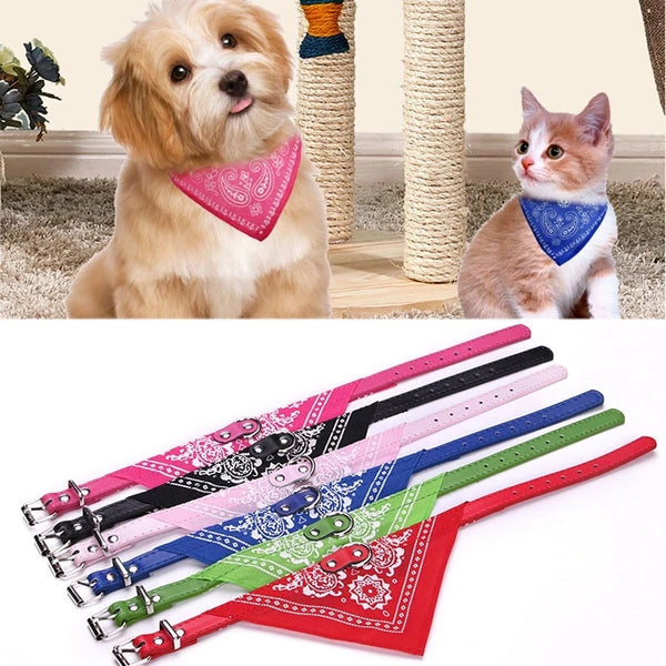 A collection of adjustable PU leather triangle bandanas for dogs and cats in various colors like pink, blue, green, and red.