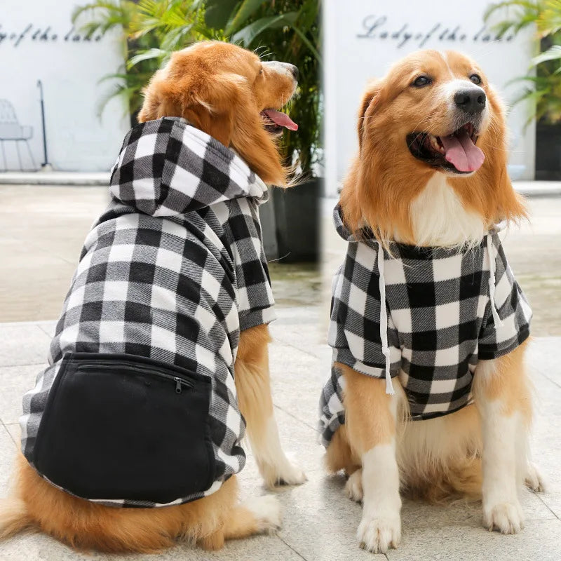 A golden retriever wearing a reversible plaid dog jacket with a cozy fleece lining.